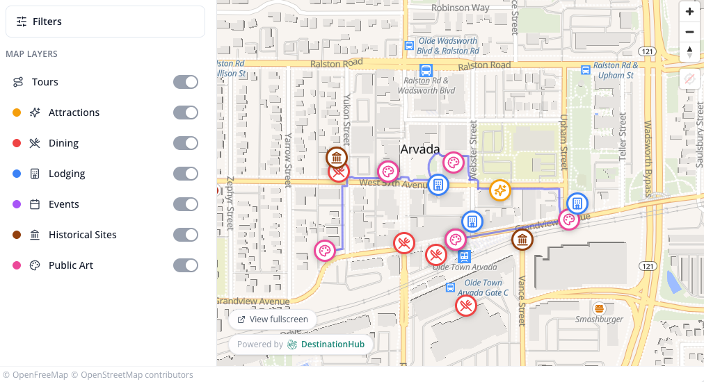 An interactive downtown map with toggleable layers for tours, attractions, dining, lodging, events, historical sites, and public art
